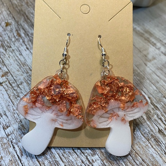 Mushroom Earrings - Copper and White Amanita - Picture 6 of 11
